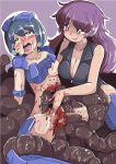  2girls ahegao blood bottomless breasts censored cleavage collarbone guro iken injury large_breasts medium_breasts messy_hair multiple_girls one_breast_out outline pussy restrained spread_legs sweat tears tentacle tentacle_sex tongue tongue_out yuri 
