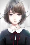  bob_cut broken_glass brown_hair commentary_request crack dress glass grey_background looking_at_viewer neck_ribbon nuwanko original pale_skin parted_lips purple_eyes red_neckwear red_ribbon ribbon short_hair solo upper_body white_dress 