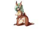  2017 areola breasts female green_eyes green_hair hair hair_tie holding_arm inner_ear_fluff kneeling lagomorph long_hair looking_at_viewer mammal nude pussy rabbit raised_tail simple_background watsup white_background 