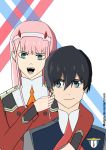  1boy 1girl arm_over_shoulder bangs black_hair blue_eyes cheek_pinching couple darling_in_the_franxx eyebrows_visible_through_hair fangs fringe green_eyes hair_ornament hairband hetero hiro_(darling_in_the_franxx) horns long_hair long_sleeves looking_at_viewer malgra military military_uniform necktie oni_horns orange_neckwear pink_hair red_horns red_neckwear short_hair signature uniform white_hairband zero_two_(darling_in_the_franxx) 