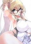  1girl absurdres alternate_hairstyle arm_behind_back arm_support arm_up armpits bangs bare_arms bare_shoulders bespectacled black-framed_eyewear blonde_hair blue_eyes blush breasts collarbone commentary_request competition_swimsuit eyebrows_visible_through_hair eyelashes fate/grand_order fate_(series) glasses groin hair_between_eyes hand_on_own_head highres jacket jeanne_d&#039;arc_(fate)_(all) jeanne_d&#039;arc_(swimsuit_archer) kobo_(cobo_0609) large_breasts long_hair looking_at_viewer lying mouth_hold multicolored multicolored_clothes multicolored_swimsuit off_shoulder on_side one-piece_swimsuit ponytail sidelocks simple_background skin_tight skindentation solo sweat swimsuit two-tone_swimsuit very_long_hair whistle whistle_around_neck white_background white_jacket white_swimsuit 