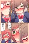  blazer blue_jacket blush bow bowtie brown_hair celebi_ryousangata classroom clenched_hand collared_shirt comic desk eyebrows_visible_through_hair full-face_blush glasses green_eyes hair_blush hand_to_own_mouth idolmaster idolmaster_cinderella_girls incoming_kiss indoors jacket long_sleeves looking_at_viewer maekawa_miku pov pov_hands red-framed_eyewear red_neckwear school_uniform shirt short_hair solo_focus speech_bubble sweatdrop translated white_shirt 