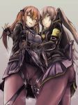  armband ass bangs black_gloves black_legwear black_ribbon blush breasts brown_eyes brown_hair closed_mouth commentary_request crotch_seam eyebrows_visible_through_hair fingerless_gloves girls_frontline gloves hair_between_eyes hair_ornament hairclip highres holding_another's_hair hood hood_down hooded_jacket jacket lifted_by_another long_hair looking_at_viewer medium_breasts mizukamakiri multiple_girls neck_ribbon one_side_up open_mouth panties pantyhose pleated_skirt ribbon scar scar_across_eye shirt skirt skirt_lift smile thigh_strap twintails ump45_(girls_frontline) ump9_(girls_frontline) underwear white_shirt yellow_eyes 
