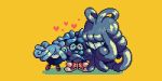  closed_eyes commentary creature english_commentary evolution full_body happy heart ioxodonta jaranra monja no_humans pixel_art pokemon pokemon_(creature) pokemon_gsc_beta simple_background tangela yellow_background 