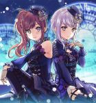  bang_dream! bare_shoulders between_legs blurry blurry_background blush boots breasts brown_eyes brown_hair cleavage closed_mouth commentary depth_of_field detached_sleeves fingerless_gloves fingernails fishnet_gloves fishnets flower gloves hair_ornament hair_scrunchie hand_between_legs hand_up hat imai_lisa juliet_sleeves long_hair long_sleeves looking_at_viewer minato_yukina mini_hat multiple_girls orange_scrunchie parted_lips pink_flower pink_rose pleated_skirt puffy_long_sleeves puffy_sleeves purple_flower purple_footwear purple_hat purple_legwear purple_rose purple_shirt purple_skirt roman_numerals rose scrunchie shirt side_ponytail silver_hair sitting skirt sleeveless sleeveless_shirt small_breasts smile thigh_boots thighhighs tiny_(tini3030) 