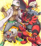  abs baseball_cap black_hair braviary capri_pants claws collarbone dark_skin dark_skinned_male facial_hair fire gen_4_pokemon gen_5_pokemon gen_7_pokemon green_footwear grey_pants grin hat incineroar jewelry kukui_(pokemon) labcoat legs_apart magnezone male_focus no_nipples open_clothes pants pocket pokemoa pokemon pokemon_(creature) pokemon_(game) pokemon_sm ring rockruff sharp_teeth shoes short_hair smile standing sunglasses teeth wedding_band white_hat 