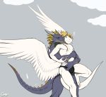  ! angel_dragon anthro blonde_hair blue_eyes bulge cerezo claws clothed clothing dragon duo embrace feathered_wings feathers from_behind_position hair horn male male/male muscular muscular_male sex siegfried simple_background topless underwear wings 