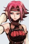  adjusting_hair arm_up armpits bare_shoulders blue_eyes breasts cleavage_cutout closed_mouth code_geass detached_sleeves hankuri headband high_collar kallen_stadtfeld large_breasts looking_to_the_side pink_hair red_hair short_hair sleeveless sleeveless_turtleneck turtleneck underbust 