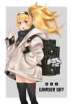  :o backpack bag banned_artist black_legwear blonde_hair blue_eyes character_doll character_name coat commentary escort_water_hime gambier_bay_(kantai_collection) hair_ornament hairband itsuwa_(continue) kantai_collection long_hair penguin_hair_ornament side_ponytail solo thighhighs 