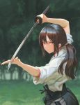  aro_(charged_time_out) bangs brown_hair dougi fighting_stance focused foliage green_eyes hair_between_eyes hair_tie hakama hand_on_sword holding holding_sword holding_weapon japanese_clothes katana long_hair looking_at_viewer looking_to_the_side nature original outdoors parted_bangs parted_lips ponytail scabbard sheath sidelocks sleeves_rolled_up solo stance standing sword tree unsheathed upper_body weapon 
