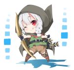  ;q arrow bangs black_gloves blush boots bow_(weapon) braid brown_cape brown_footwear brown_shorts cape chibi closed_mouth commentary dragon's_crown elf elf_(dragon's_crown) eyebrows_visible_through_hair gloves green_shirt hair_between_eyes head_tilt holding holding_bow_(weapon) holding_weapon hood hood_up hooded_cape knee_boots low_twintails milkpanda one_eye_closed pointy_ears quiver red_eyes shirt short_shorts shorts silver_hair sleeveless sleeveless_shirt smile solo standing tongue tongue_out twin_braids twintails weapon 
