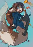  2018 blue_background brown_hair canine clothed clothing controller female floating fluffy fluffy_ears fluffy_tail food hair hoodie kuroiid legwear long_hair long_tail looking_at_viewer mammal nintendo nintendo_switch open_mouth partially_clothed phone ponytail simple_background solo thigh_highs video_games wolf 