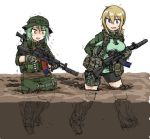  2girls dutchko gun lita_(dutchko) military_uniform mud multiple_girls russia simple_background vesna_(dutchko) 