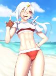  1girl abs azur_lane bandaid bandaid_on_nose beach blue_sky cloud commentary_request cross cross_earrings dog_tags downes_(azur_lane) earrings fingerless_gloves gloves gunmarx heterochromia highres jewelry long_hair looking_at_viewer low_ponytail midriff mole mole_under_eye navel ocean single_earring sky smile solo sweat swimsuit thighs toned tongue tongue_out white_hair 