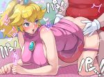  1girl ass blonde_hair blue_eyes blush boris_(noborhys) breasts clothed_sex commentary_request covered_nipples crown doggystyle gloves hetero highres large_breasts mario mario_(series) mario_tennis mini_crown open_mouth panties panty_pull pink_clothes pink_panties princess_peach red_shirt sex shiny shiny_skin shirt solo_focus sound_effects speed_lines sportswear super_mario_bros. sweat tennis_uniform translation_request underwear white_gloves 