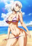  beach bikini bikini_pull breasts cleavage collarbone contrapposto covered_nipples cowboy_shot day groin head_tilt highres hips jpeg_artifacts killing_bites large_breasts looking_at_viewer navel official_art orange_eyes resized resizing_artifacts shiny shiny_skin smile standing string_bikini striped striped_bikini swimsuit toned tsurime upscaled uzaki_hitomi watanabe_kazuo wet white_hair 