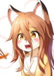  animal_ears blush breasts brown_hair chopsticks commentary_request fangs feeding fox_ears fox_girl furry hair_between_eyes highres kyabe_tsuka light_brown_eyes long_hair nude open_mouth original slit_pupils small_breasts solo 