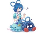  blue_hair closed_eyes cosplay dress drill_hair eyes_in_shadow gen_1_pokemon hair_ornament hair_rings hair_stick itatatata jaranra jaranra_(cosplay) kaku_seiga musical_note on_floor plant pokemon pokemon_(creature) red_footwear short_hair sitting smile socks tangela touhou vest vines 