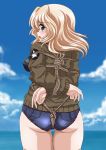  ass bdsm blonde_hair blue_eyes blush bondage bound breasts covered_nipples day girls_und_panzer highres kay_(girls_und_panzer) large_breasts looking_back ocean open_mouth sahara_kazumitsu short_shorts shorts sky solo tears thighhighs tied_up white_legwear 