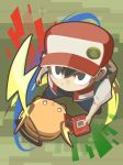  :3 backpack bag bangs baseball_cap black_eyes black_footwear black_hair blue_pants cafe_(chuu_no_ouchi) closed_mouth from_above gen_1_pokemon hair_between_eyes hat holding legs_apart male_focus no_pupils open_clothes open_vest pants pokedex pokemon pokemon_(creature) pokemon_(game) pokemon_rgby raichu red_(pokemon) red_(pokemon_rgby) red_hat red_vest shirt shoes short_hair short_sleeves standing vest 