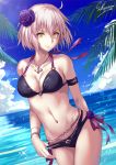  ahoge anchor_necklace arm_behind_back armband beach belly_chain bikini bikini_pull breasts cloud collarbone commentary_request cowboy_shot day fate/grand_order fate_(series) flower hair_flower hair_ornament halter_top halterneck hand_on_hip jeanne_d'arc_(alter)_(fate) jeanne_d'arc_(fate)_(all) jewelry looking_at_viewer medium_breasts nail_polish navel necklace o-ring o-ring_top ocean orange_eyes outdoors palm_tree pink_hair purple_bikini purple_nails sakiyamama short_hair side-tie_bikini sky smile solo sparkle swimsuit tree wristband 