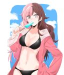  bikini black_bikini blue_sky blush border breasts brown_eyes brown_hair cleavage cloud cowboy_shot day eyebrows_visible_through_hair food groin hand_in_pocket heterochromia highres jacket jacket_over_swimsuit long_hair medium_breasts multicolored_hair navel neo_(rwby) outside_border pink_eyes pink_hair popsicle rwby sky solo swimsuit swimsuit_under_clothes viet_(yomi0556) white_background white_border 