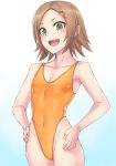  brown_hair covered_navel cowboy_shot flat_chest green_eyes hai_(h81908190) hands_on_hips highleg highleg_swimsuit one-piece_swimsuit open_mouth orange_swimsuit original short_hair simple_background smile solo standing swimsuit white_background 