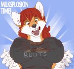  animated anthro big_breasts breast_expansion breasts canine clothed clothing female fox foxey_(artist) fur hair lactating long_hair mammal milk nipples open_mouth simple_background solo surprise 