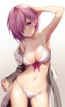  arm_up armpits bikini blush breasts cleavage collarbone commentary_request eyebrows_visible_through_hair fate/grand_order fate_(series) gradient gradient_background hair_over_one_eye highres jacket large_breasts looking_at_viewer mash_kyrielight navel necomi open_clothes open_jacket purple_eyes purple_hair short_hair signature simple_background solo stomach swimsuit swimsuit_of_perpetual_summer white_bikini 