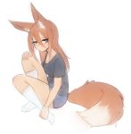  animal_ear_fluff animal_ears bags_under_eyes black_shirt blue_shorts breasts brown_hair cleavage fox_ears fox_tail from_side hair_between_eyes hand_on_own_knee jitome long_hair looking_at_viewer monorus no_shoes original purple_eyes shirt short_sleeves shorts simple_background sketch socks solo tail white_background white_legwear 