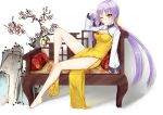  barefoot blush breasts china_dress chinese_clothes dress eyebrows_visible_through_hair furniture grimoire_~shiritsu_grimoire_mahou_gakuen~ hand_in_hair highres knee_up long_hair long_sleeves looking_at_viewer medium_breasts mukatsukulsp purple_hair sitting smile thick_eyebrows very_long_hair yellow_dress yellow_eyes 