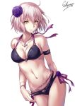  ahoge anchor_necklace arm_behind_back armband belly_chain bikini bikini_pull breasts collarbone commentary_request cowboy_shot fate/grand_order fate_(series) flower hair_flower hair_ornament halter_top halterneck hand_on_hip jeanne_d'arc_(alter)_(fate) jeanne_d'arc_(fate)_(all) jewelry looking_at_viewer medium_breasts nail_polish navel necklace orange_eyes pink_hair purple_bikini purple_nails sakiyamama short_hair side-tie_bikini simple_background sky smile solo sparkle swimsuit white_background wristband 
