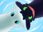  black_scales blue_eyes claws digital_media_(artwork) dragon dreamworks duo female feral green_eyes how_to_train_your_dragon light_fury livinlovindude male night_fury nubless scales simple_background smile toothless white_scales wings 