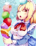  bangs blonde_hair blue_background bow bowtie breasts buttons commentary_request eyebrows_visible_through_hair food food_on_face fruit highres holding ice_cream_cone long_sleeves maid maid_headdress medium_breasts mugetsu one_eye_closed open_mouth orange orange_slice red_neckwear short_sleeves solo touhou touhou_(pc-98) upper_body wadante yellow_eyes 