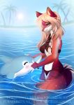  2018 5_fingers adorableinall ambiguous_gender anthro bikini blonde_hair breasts canine cetacean clothing detailed_background digital_media_(artwork) dolphin duo eyelashes female hair mammal marine midriff nitricacid red_eyes red_nose smile swimsuit 