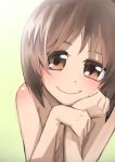  bangs bare_shoulders blush brown_eyes brown_hair chiro_(user_qgp7965) commentary_request girls_und_panzer gradient gradient_background hand_on_own_cheek hand_on_own_chin hand_on_own_wrist highres looking_at_viewer nishizumi_miho nude short_hair smile solo topless 