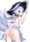  2drr armlet ass azur_lane backless_dress backless_outfit bangs bare_shoulders blue_eyes blush breasts commentary dress elbow_gloves eyebrows_visible_through_hair floating_hair frown gloves hair_ornament hair_ribbon hand_on_headwear hat illustrious_(azur_lane) large_breasts long_hair looking_at_viewer low_ponytail mole mole_under_eye no_panties ponytail ribbon sapphire_(stone) shiny shiny_skin shoulder_blades sidelocks simple_background solo strapless strapless_dress sun_hat thighhighs thighs tress_ribbon white_background white_dress white_gloves white_hair white_legwear wind wind_lift 