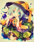  :o black_frills black_hat blue_eyes blue_hair blush bow collared_shirt commentary_request eyeball eyebrows_visible_through_hair floral_print frilled_shirt_collar frilled_skirt frilled_sleeves frills green_skirt hand_on_own_face hat hat_bow hat_ribbon heart heart_of_string komeiji_koishi long_sleeves looking_at_viewer mina_(sio0616) open_mouth ribbon shirt short_hair skirt solo string third_eye touhou wide_sleeves yellow_bow yellow_ribbon yellow_shirt 