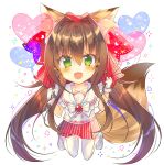  :d animal_ears balloon bangs bell blush brown_hair chibi commentary_request eyebrows_visible_through_hair fang fox_ears fox_girl fox_tail gloves green_eyes hair_bell hair_between_eyes hair_intakes hair_ornament heart heart_balloon highres holding holding_balloon jingle_bell kneeling long_hair monaka_natsume open_mouth original pleated_skirt red_skirt sailor_collar school_uniform serafuku shirt shoes simple_background skirt smile solo striped tail thighhighs uwabaki vertical-striped_skirt vertical_stripes very_long_hair white_background white_footwear white_gloves white_legwear white_sailor_collar white_shirt 