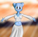  2018 5_fingers alternate_costume anthro blue_fur breasts cartoon_network cat clothing collar digital_media_(artwork) dress ear_piercing feline female fur half-closed_eyes hi_res looking_at_viewer mammal mature_female midriff nicole_watterson open_arms piercing pose simple_background solo standing the_amazing_world_of_gumball whiskers zambs 