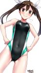  &gt;:) artist_name black_swimsuit blush breasts brown_eyes brown_hair commentary_request competition_swimsuit cowboy_shot dated hair_ribbon hands_on_hips highres kantai_collection long_hair looking_at_viewer one-piece_swimsuit ribbon simple_background small_breasts smile smug solo standing swimsuit tone_(kantai_collection) tsuchimiya twintails v-shaped_eyebrows white_background white_ribbon 