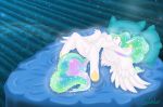  2013 anthro anthrofied breasts equine feathered_wings feathers female friendship_is_magic hair horn mammal multicolored_hair my_little_pony princess princess_celestia_(mlp) pussy royalty signature solo spread_legs spreading swissleos white_feathers winged_unicorn wings 