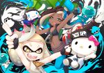  2girls :3 arm_up arms_up basketball_jersey black_eyes black_footwear black_gloves black_shirt blue_legwear boots brown_eyes cephalopod_eyes cinnamoroll commentary_request crop_top crown dress fingerless_gloves gloves gradient_eyes green_eyes headphones hello_kitty hello_kitty_(character) hime_(splatoon) holding holding_weapon iida_(splatoon) inkling_(language) jellyfish_(splatoon) mole mole_under_mouth multicolored multicolored_eyes multiple_girls navel navel_piercing octarian paint_splatter pantyhose pensuke piercing pointing pointing_up sanrio sharp_teeth shirt sleeveless splatoon_(series) splatoon_2 squeezer_(splatoon) squid standing t-shirt teeth tenta_missiles_(splatoon) weapon white_dress white_hair zipper zipper_pull_tab 