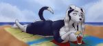  2018 anthro beach beverage big_breasts big_butt black_fur blue_eyes border_collie breasts butt canine clothing collie digital_media_(artwork) dog female fur hair hi_res huge_breasts krysical looking_at_viewer mammal mature_female multicolored_fur nude outside seaside smile solo swimsuit thick_thighs two_tone_fur voluptuous water white_fur 