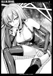  1girl 40010prototype akuma_no_riddle boots breasts character_name cleavage copyright_name dress drill_hair erect_nipples female hand_on_own_face highres inukai_isuke large_breasts looking_at_viewer monochrome nipple_slip nipples no_bra no_panties pussy short_dress smile solo thigh_boots thighhighs 