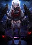  absurdres antenna_hair arm_across_waist artist_name ass_visible_through_thighs azur_lane backlighting bangs black_panties blush breasts commentary english_commentary eyebrows_visible_through_hair full_body full_moon garter_straps gloves hair_between_eyes hair_over_one_eye half-closed_eyes hand_on_own_arm head_tilt headgear highres iron_cross large_breasts light_particles long_hair long_sleeves looking_at_viewer machinery moon multicolored_hair night night_sky open_mouth panties prinz_eugen_(azur_lane) red_hair red_lips rigging shooting_star silver_hair sky smile solo sparkle star_(sky) starry_sky steve_zheng streaked_hair swept_bangs thighhighs thumb tongue two_side_up underwear very_long_hair wide_sleeves 