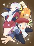  1girl :3 :d backpack bag beret black_pants blue_eyes blue_hair blue_jacket boots buttons cafe_(chuu_no_ouchi) coat gen_1_pokemon hair_ornament hat hikari_(pokemon) jacket kneehighs kouki_(pokemon) long_hair long_sleeves no_pupils o_o one_eye_closed open_clothes open_jacket open_mouth outstretched_arm pants pink_footwear poke_ball_theme pokemon pokemon_(creature) pokemon_(game) pokemon_dppt pokemon_platinum raichu red_coat red_hat red_shirt scarf shirt smile straight_hair tongue white_hat white_legwear white_scarf winter_clothes 
