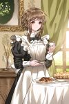  1girl apron apron_dress cup dress highres holding holding_cup juliet_sleeves long_dress long_sleeves maid maid_apron original pinafore_dress puffy_sleeves sleep_blue smile victorian victorian_maid window 