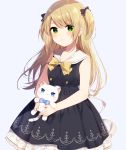  animal bangs bare_arms bare_shoulders black_bow black_dress blue_background blue_bow blue_eyes blush bow cat commentary_request dress eyebrows_visible_through_hair green_eyes hair_between_eyes hair_bow highres holding holding_animal holding_cat light_brown_hair long_hair looking_at_viewer mafuyu_(chibi21) original parted_lips pleated_dress sailor_collar sailor_dress simple_background sleeveless sleeveless_dress solo two_side_up very_long_hair white_sailor_collar yellow_bow 