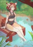  2018 anthro breasts brown_hair canine clothed clothing day digital_media_(artwork) ear_piercing female hair kaitycuddle mammal outside partially_submerged piercing smile solo swimsuit water 